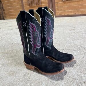R. Watson Black Suede Western Boots with Pink Accent Embroidery